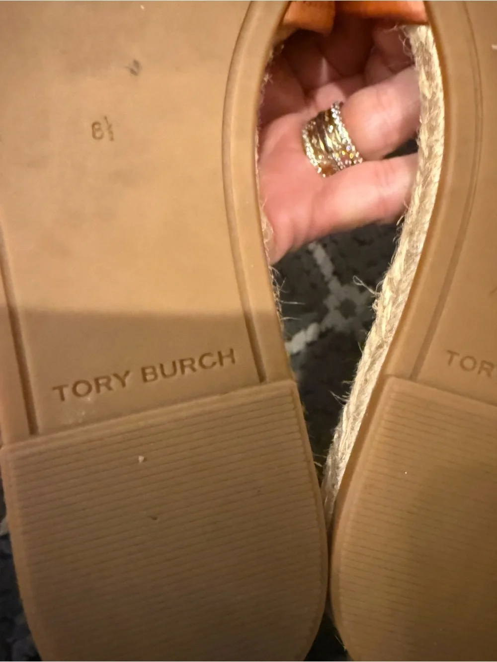 Tory Burch Tan Embossed Leather Slide Sandals with Rope Footbed